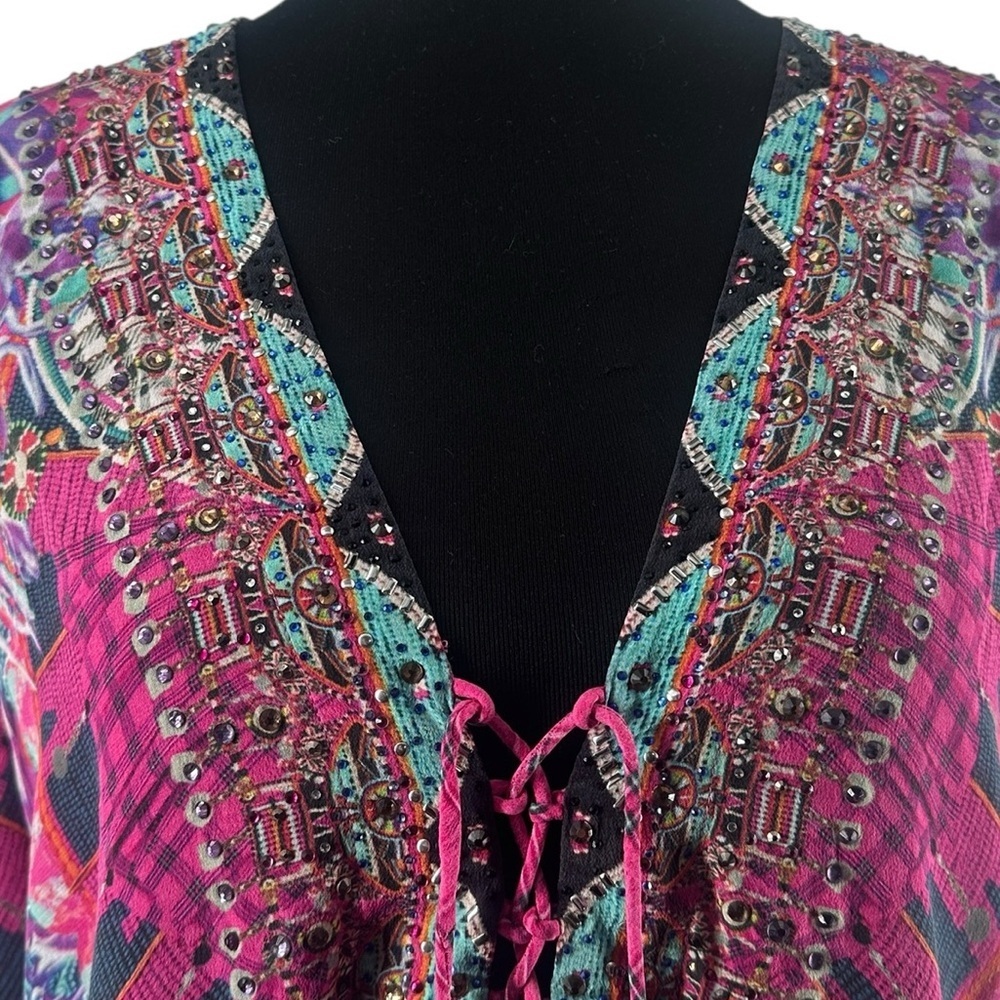 Camilla Desert Discotheque silk blouse lace-up heavily embellished boho sz 8 - Picture 10 of 13